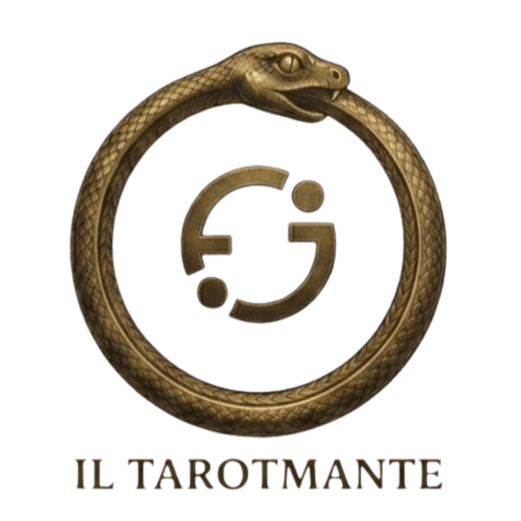 Logo del Tarotmante Simbolo dell'Uroboro che racchiude al suo interno stilizzate le lettere F. J. ovvero le iniziali del Tarotmante Federico Jeantet alla base la scritta  Il Tarotmante
