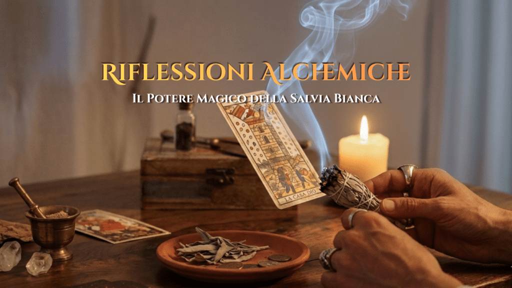 Mani che tengono una Carta dei Tarocchi con Candela accesa e la Salvia Bianca. Riflessioni Alchemiche e divinazione