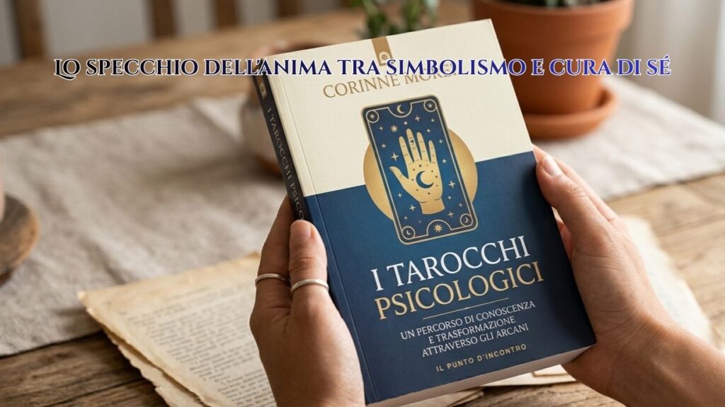 Federico Jeantet in arte il "Tarotmante" presso il suo studio di Firenze tiene in mano una coppia del libro "I Tarocchi Psicologici" di Corinne Morel, mostrandone la copertina con l'icona di una mano e simboli astrologici.