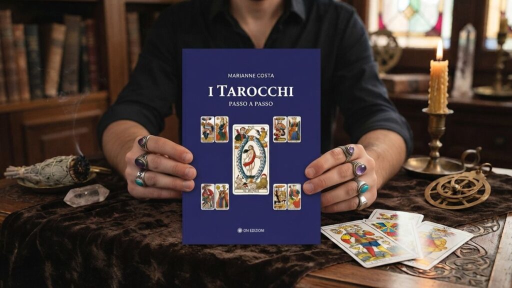 Primo piano di un uomo con anelli elaborati che regge il libro 'I Tarocchi passo a passo' di Marianne Costa, su un tavolo con strumenti esoterici come candele e tarocchi.