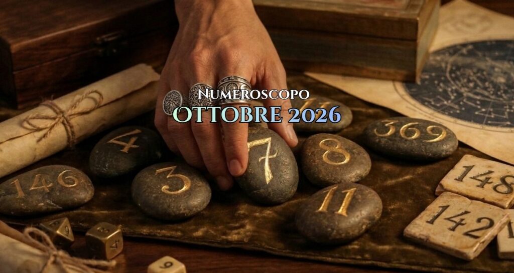 mmagine del numeroscopo di ottobre ideato da Federico Jeantet, in arte il "Tarotmante", con una mano che sfiora pietre con simboli numerologici su un tavolo di legno antico.